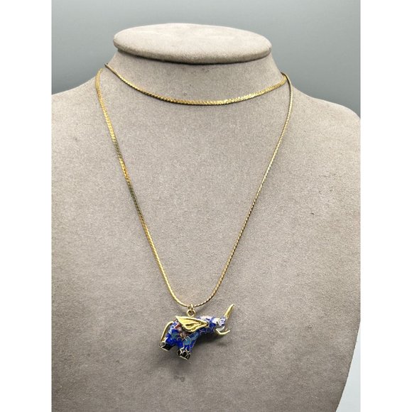 Vintage Cloisonne Elephant Necklace Dimensional Blue Enamel and Gold Tone Chain - Picture 3 of 8